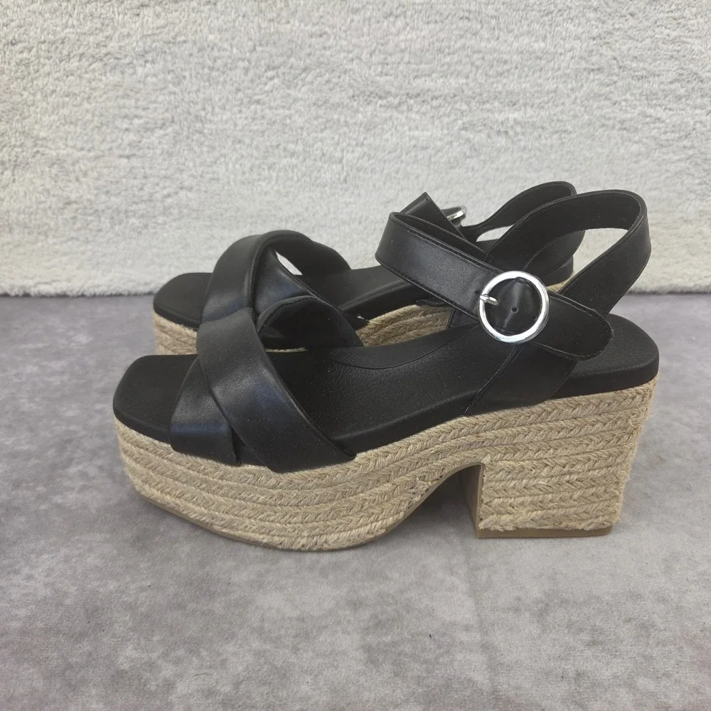 MIA Womens Black Espadrille Platform Wedge Sandals Square Toe Ankle Strap Size 9
